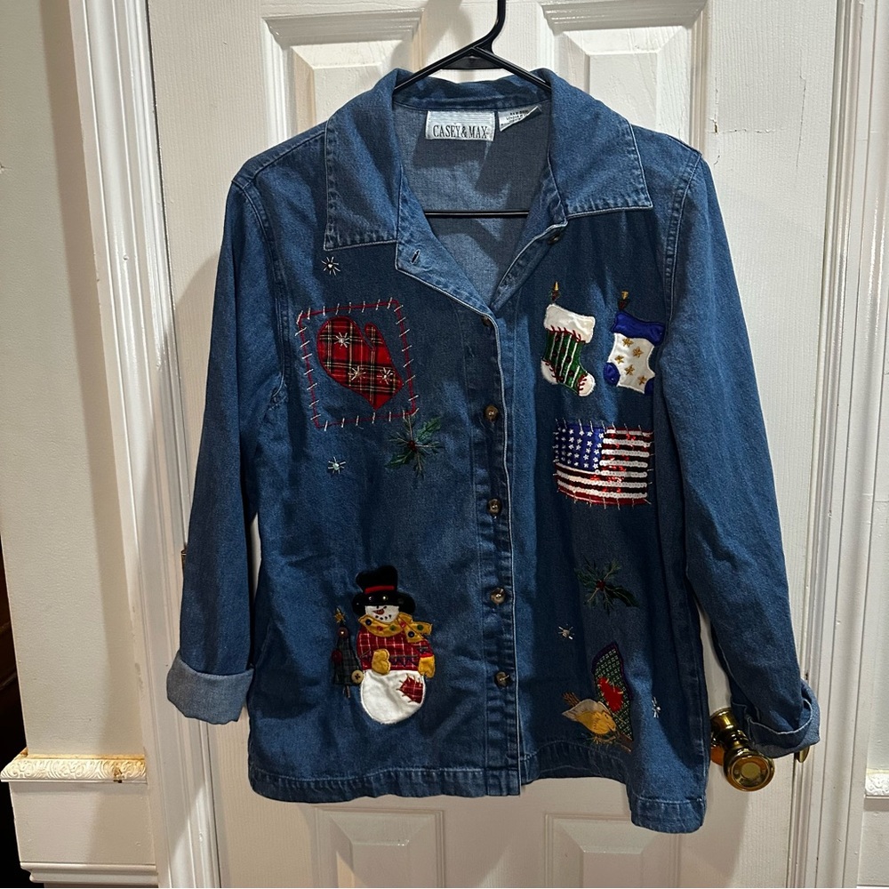 Casey‎ & Max Vintage 90s Denim Holiday Button Up Embroidered Festive Small